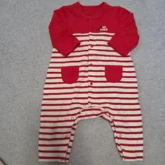 美品。MIKI HOUSE 赤白ストライプロンパース 70