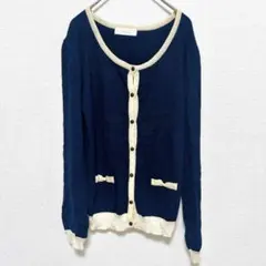 美品 LD prime【M】バイカラーカーディガン 紺×白 リボン レーヨン混