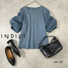 INDIVI チュール袖カットソー くすみブルー 38 M相当