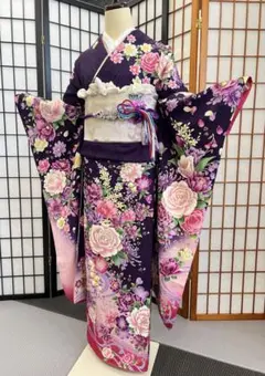 振袖 振袖6点セット 振袖フルセット 成人式 正絹 紺色 大きな牡丹柄