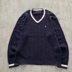 古着 nautica ケーブルコットンニット 刺繍ロゴ リブライン 紺 XXL