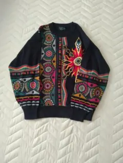 【古着】ウール混 総柄 刺繍ニット