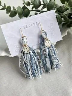 No.3 ニコちゃん×デニム系引き揃え糸ピアス／イヤリング