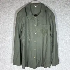 オシャレ✨（F）カラーシャツ☘️深緑/刺繍/レナウン/金ボタン/長袖/シック