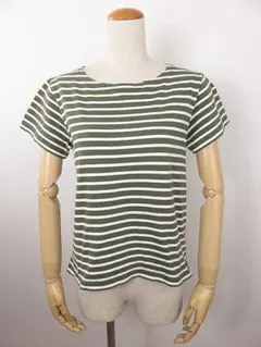 【値下げ】マーガレットハウエル　MHL.　半袖カットソー　ボーダー　白　緑　Mのサムネイル