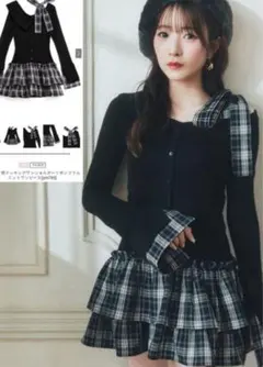 チェック柄ドッキングワンショルダーリボンフリルニットワンピース pm785