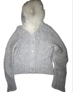 ファー付き ニットカーディガン グレー 秋冬 ケーブル編み　森ガール