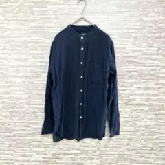 ネイビー✨　バンドカラー 長袖シャツ メンズ Mサイズ　ネルシャツ　ネイビー