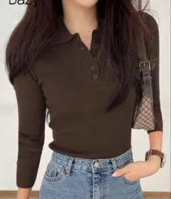 Dazy ブラウン リブニット ポロシャツ トップス shein