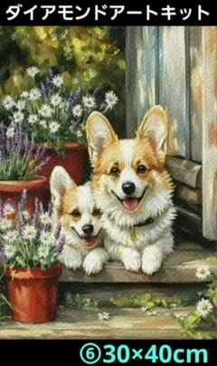 30×40cm⑥花と一緒にコーギー達が微笑むリアルな絵画ダイアモンドアートキット