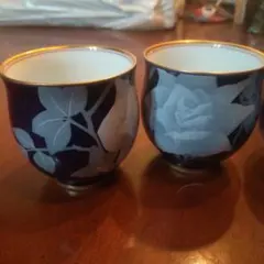 湯飲み 5個セット 紺色 花柄