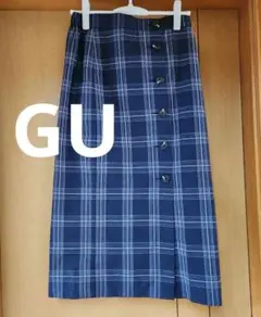 ネイビー チェック柄 タイトスカート GU ボタン付き