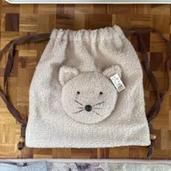 新品タグ付き 猫モチーフ ボア素材 巾着リュック ベージュ