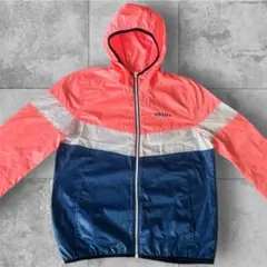 adidas フード付 ナイロンジャケット 配色 ピンク×ネイビー