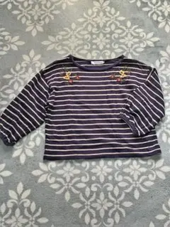 Samansa　Mos2blueストライプ花柄刺繍七分袖TシャツMサイズ