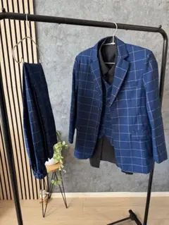 【美品】小学生卒業式男子ネイビー チェック柄 スーツセット 170cm 結婚式