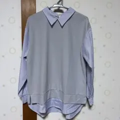 グレー ストライプ重ね着風長袖トップス