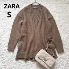 ZARAザラ◆ Vネック長袖ニットセーター(S) ブラウン　サイドスリット　冬服