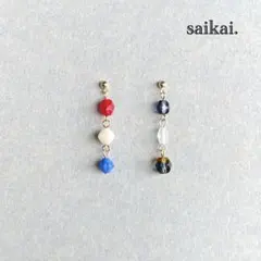 [1148-5]カラフルガラスのアシンメトリーピアス レッド ホワイト ブルー