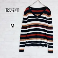 【イング】マルチボーダー ストライプ ニットカットソー M Vネック y4863