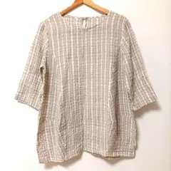 ケイコキシ　5分袖　リネン　チュニックシャツブラウス　ベージュチェックのサムネイル