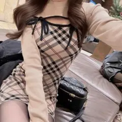 GRL チェック柄フロントオープンリボンニットミニワンピース