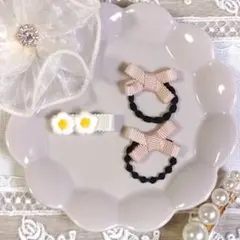 ベビーヘアゴム ヘアクリップ 3点 お花 リボン バニラ 子供 キッズ 保育園