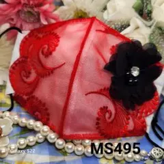 No.MS495　レース　黒花ビジュー×Red　インナー兼マスクカバー