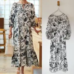 美品　オペークドットクリップ　ボタニカルプリントティアードワンピース
