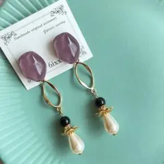 【070】パープル　ストーン風　カボション　フープ  パール　ピアス　イヤリング