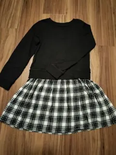 130cm 黒・白チェック 長袖ワンピース