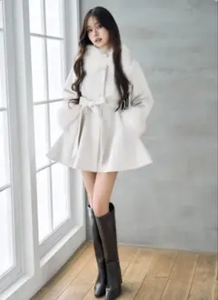 ファーティペット&リボンベルト付きフレアコート[ze931]