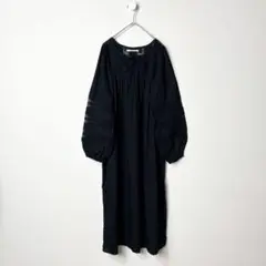 ヌキテパ　カットワーク　刺繍　長袖　ワンピース　ブラック