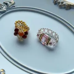 ハンドメイド 天然石使用 ビーズリング ピンククリスタル ブラウン