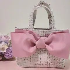 ハンドメイド　ツイードリボン　小型ハンドバッグ　TW1大きめリボン　ツィード