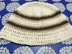 ❤️コットン 手編み ニット帽 ハンドメイド オフホワイト 茶 クラッシャー