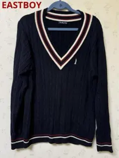 イーストボーイ ヴィーナス　綿プルオーバー　ライン入り　Vネック　紺　M 9号