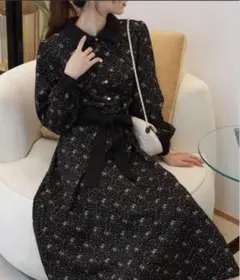 ワンピース 花柄 クレリック リボンベルト付 長袖 ロングワンピース　ベルト付き