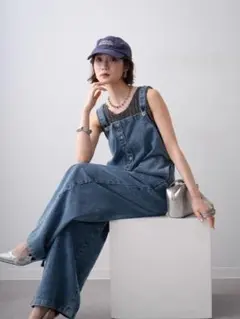限定SALE】デニムライクヘリンボーンサロペット/BLUE リュミエ同型