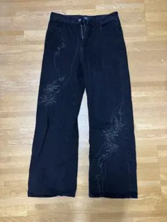 刺繍デザイン ブラック ワイドレッグデニム