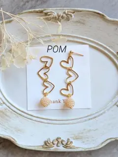 ハンドメイド トリプルハート ピアス イヤリングS-387