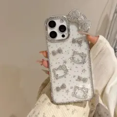 キラキラ可愛い キティちゃん　iPhone15pro用ケース｜デコ　リボン＆ライ