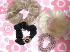 シュシュ４点セット パール オーガンジー ワンポイント付き