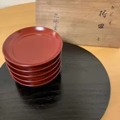 【未使用】光琳堂　越前漆　楪子　椿皿　古代朱　本漆塗　菓子　銘々皿　5客