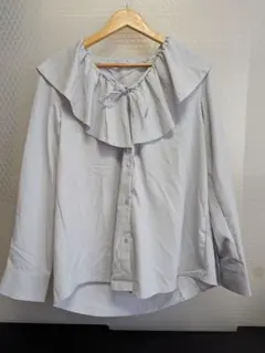 B19【美品】GU ラッフルカラーブラウス 長袖 ライトブルー UVカット L