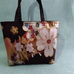 帯リメイク　トートバック　 桜　草花　金糸　黒