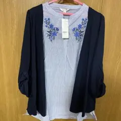 2点目半額♡新作♡新品♡大きいサイズ♡花柄刺繍♡ネイビー重ね着チュニック