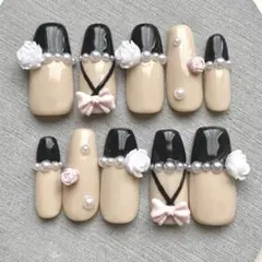 ネイルチップ現品オーダー フレンチガーリー ワンホン フラワー リボン ブラック