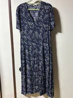 ユニクロ ネイビー 花柄 半袖 ワンピース Lサイズ キャミブラック付き