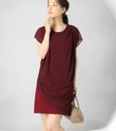【IENA】シフォン配色ドッキングドレープワンピース　ワイン/バーガンディ